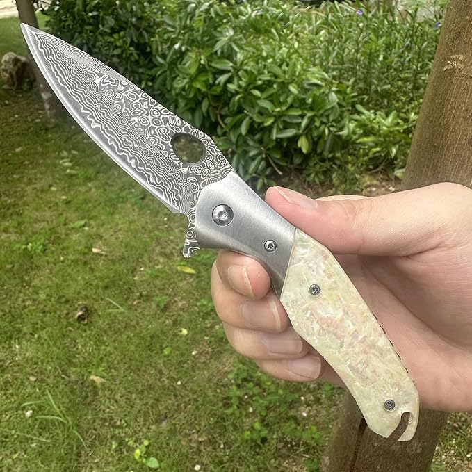 Damascus VG10 Steel Folding Pocket Knife 3.15 Blade MOP Handle EDC Knife with Mechanical Lock Pocket Clip for Men Women Camping Survival Hiking