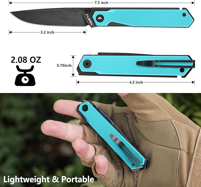 FLISSA 2PCS Folding Knife Set Pocket Knife with D2 Steel Blade G10 Handle Pocket Clip Lightweight Tactical Knife for Camping Hiking Hunting EDC Daily Use