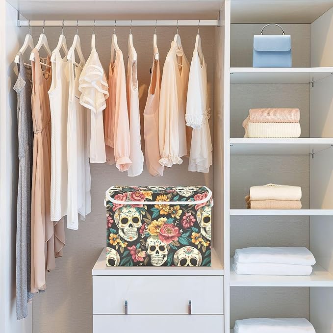 Storage Cube with Lid Mexican Skulls Print 16.5×12.6×11.8 IN Collapsible Large Capacity Foldable Storage Basket Bin Organizer