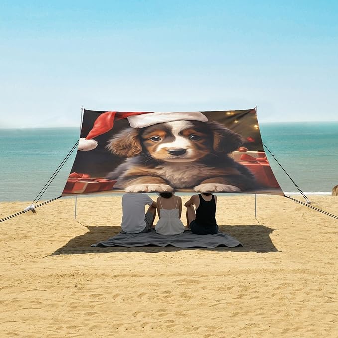 ALAZA Christmas Dog Puppy with Present Beach Tent Sun Shelter Portable Canopy Sunshade for Outdoor Camping Picnics Backyard Fun 10x9 ft