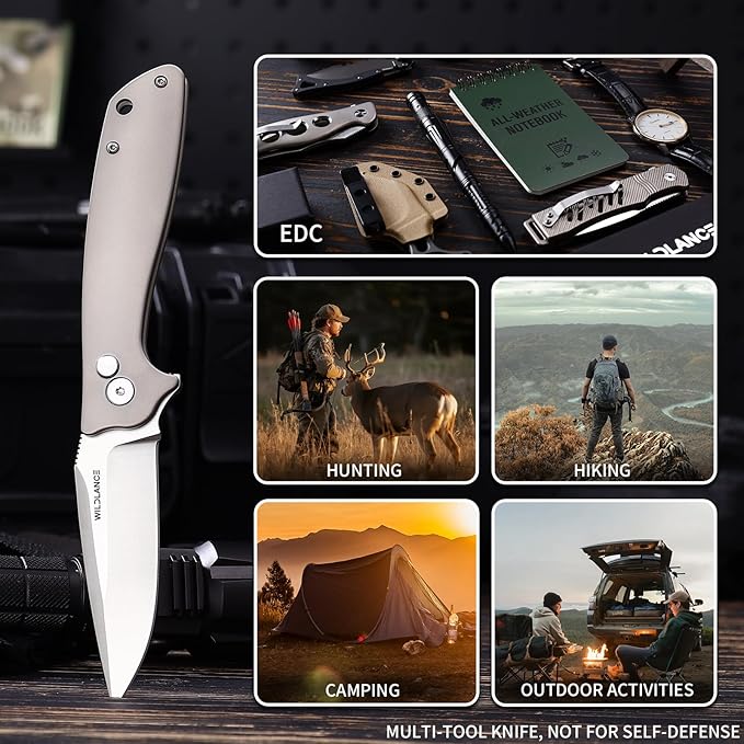 3.34 D2 Steel Folding Knife with Titanium Handle - EDC Pocket Knife with Clip for Men &amp Women Compact Daily Carry Utility Tool PK-T001