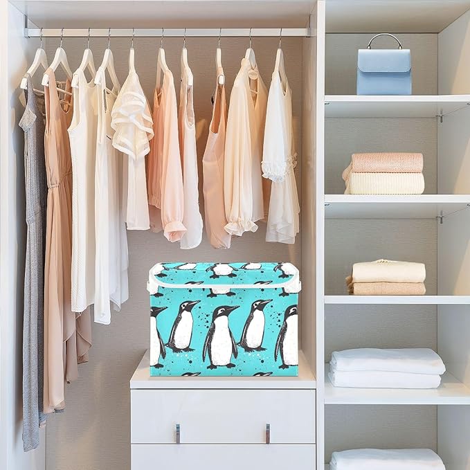 Penguin Teal Storage Cube Bins Basket with Lid Collapsible Flip-top Fabric with Handle for Home Bedroom Closet Office 16.5×12.6×11.8 in
