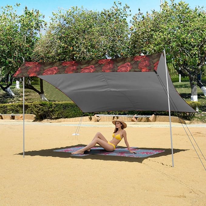 ALAZA Dark Red Rose Flowers Beach Tent Sun Shelter UPF50+ Protection Beach Shade Canopy w/ 4 Sandbags for Outdoor Camping Fishing Backyard Fun Picnic 10x9 ft