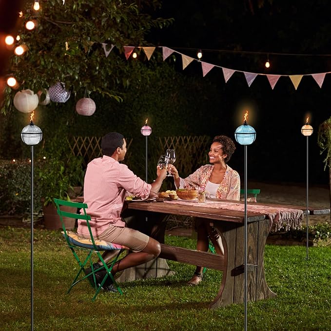 Citronella Torches Set of 4 Large Capacity 16 oz Outdoor Glass Torch Garden Décor58.6 - Inch Upgraded Citronella Torches with 3-Prong Grounded Stake for Yard Patio Gatherin