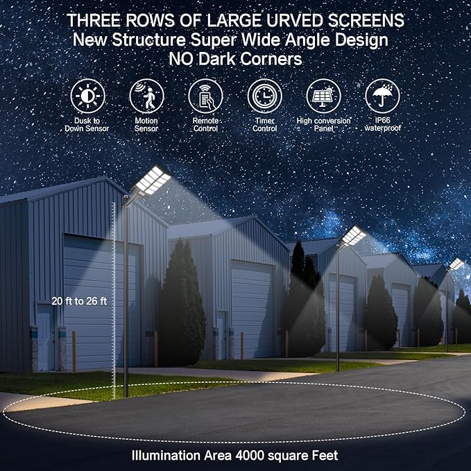 Solar Street Light 8000W Street Light Outdoor High Lumens Parking Lot Lights 6500K Solar Lights Outdoor Motion Sensor Dusk to Dawn for Parking Lot with Remote Control 1 Pack