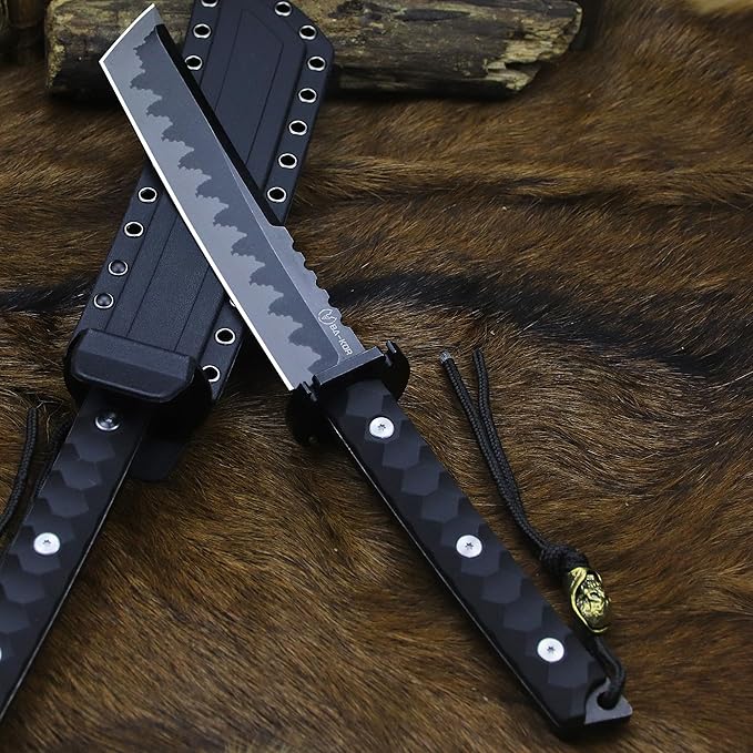 BA-KOR 15.8in Full Tang Japanese Style Outdoor Knife –8mm DC53 Steel Nylon Fiber Handle &ampSheath Hunting Survival Knife+(5.9in) cerium igniter (Black handle and black blade (8mm))
