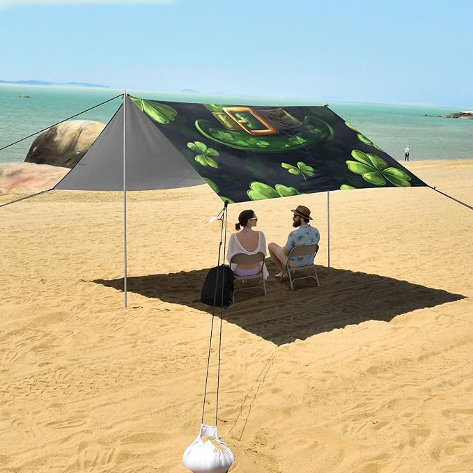 ALAZA Happy St. Patrick's Day Leprechaun Hat Clover Leaf Beach Tent Sun Shelter Portable Canopy Sunshade for Outdoor Camping Picnics Backyard Fun 10x9 ft