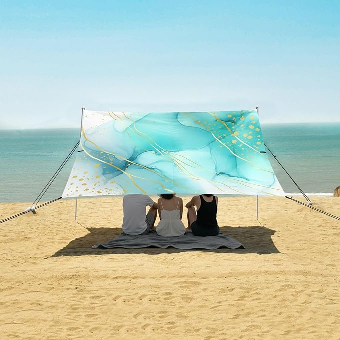 xigua Textures Beach Tent Sun Shelter with Carrying Bag - Silver Coated Oxford Fabric Beach Canopy for Beach Camping Fishing - Includes Windproof Ropes Sandbags &amp Stakes