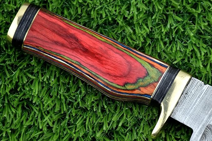 8-Inch Hand-Forged Damascus Steel Hunting Knife Fixed Blade Skinning Design with Leather Sheath Multicolor Wood Handle Brass Guard Twist Pattern Blade for Camping (Red/Green)