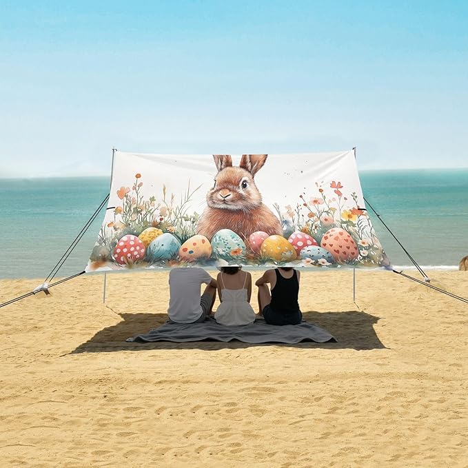 Cute Easter Bunny Beach Tent Sun Shelter Set UPF50+ UV Protection 10.5 x 9.19 FT Camping Shade Canopy with Sandbags Sand Anchors Carrying Bag and Others