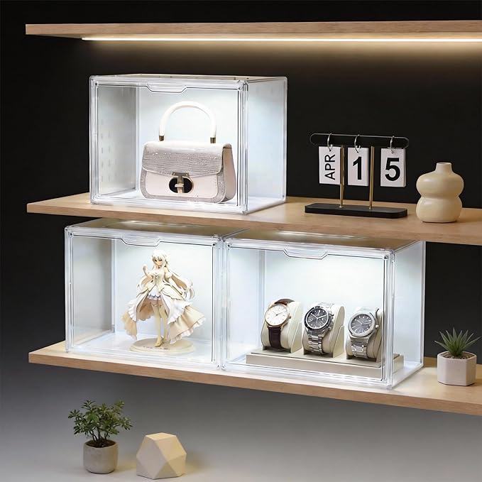 GUDEMAY Clear Acrylic Display Case with Light Dustproof Stackable Showcase for Collectibles Figures Shoes Toys &amp Jewelry - Plastic Storage Bins Support Voice Control Lighting