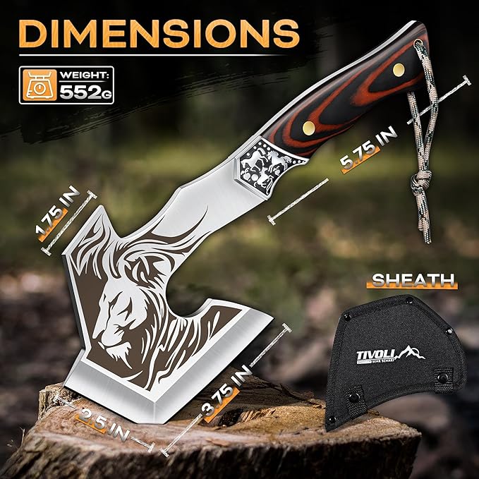 TIVOLI Camping Axe Lion - Patterned Survival Hatchet with Nylon Sheath High Carbon Steel Blade Compact Outdoor Bushcraft Axe with Ergonomic Wood Grip Camping Gear for Hiking Chopping Hunting
