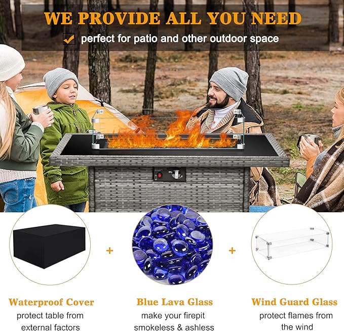 LayinSun 44 Propane Gas Fire Pit Table 55000 BTU Rectangular Fire Pit with Glass Wind Guard for Outside Patio Deck Garden Backyard