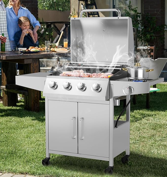 Giantex Propane Gas Grill 50000 BTU 4 Main Burners 1 Side Burner 2 Prep Tables Stainless Steel Heavy-Duty BBQ Grill with 4 Wheels for Backyard Party Outdoor Cooking
