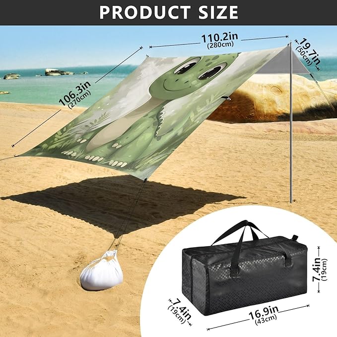 ALAZA Cute Dinosaur Baby Dino Beach Tent Sun Shelter UPF50+ Protection Beach Shade Canopy w/ 4 Sandbags for Outdoor Camping Fishing Backyard Fun Picnic 10x9 ft