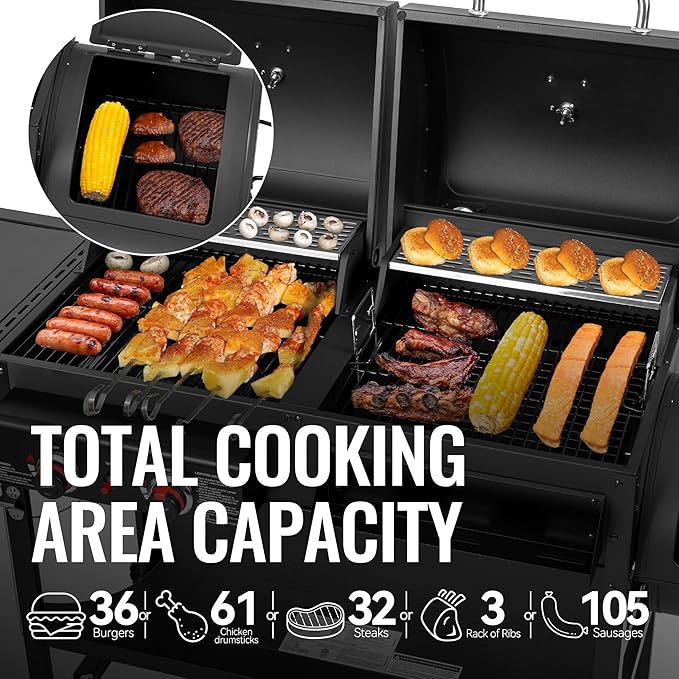 2-Burner Gas and Charcoal Grill Combo with Offset Smoker &amp Side Burner 34000 BTU Dual Fuel Grill 1020 Sq. In. Cooking Area Ideal for Outdoor Cooking Black ZH3005Y-SC