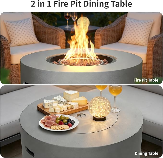 HOTEAGLE 32 Propane Fire Pit Table Round 50000 BTU Powerful Gas Firepit Table CSA Certified Ideal Outdoor Fire Pit for Dining Party in Patio Garden Yard
