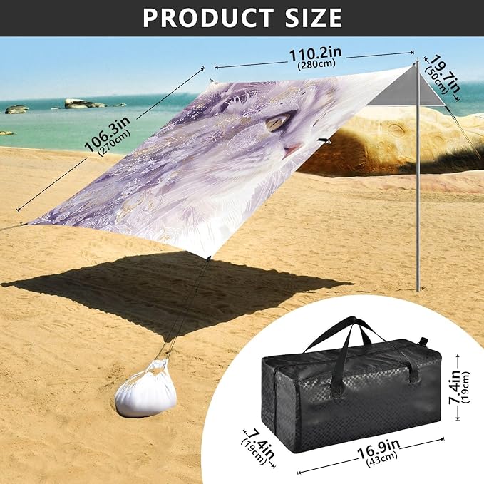 ALAZA White Cat Feathers Gold Edge Beach Tent Sun Shelter Portable Canopy Sunshade for Outdoor Camping Picnics Backyard Fun 10x9 ft