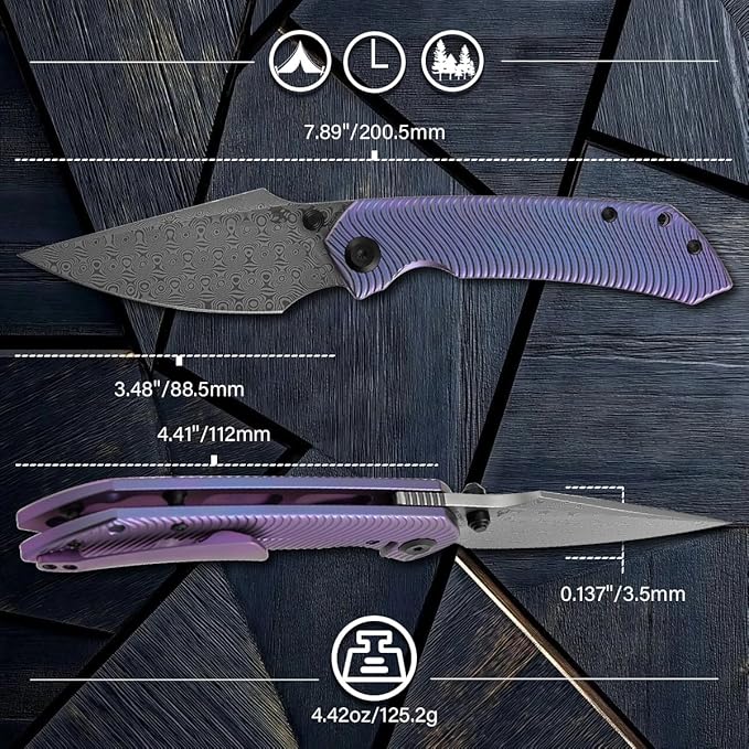 KANSEPT Fenrir Pocket Knife 3.48 Damascus Blade with Flipper and Thumb Stud Frame Lock for Camping Outdoor with Purple Anodized Titanium Handle and Micro-Milled Water Ripple Texture K1034C5