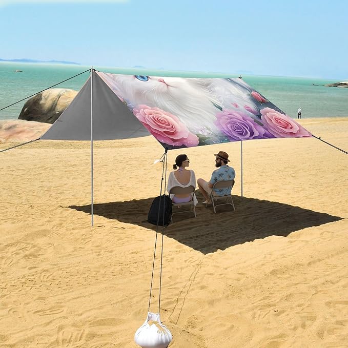 ALAZA Cats Butterfly Rose Kitten Beach Tent Sun Shelter UPF50+ Protection Beach Shade Canopy w/ 4 Sandbags for Outdoor Camping Fishing Backyard Fun Picnic 10x9 ft