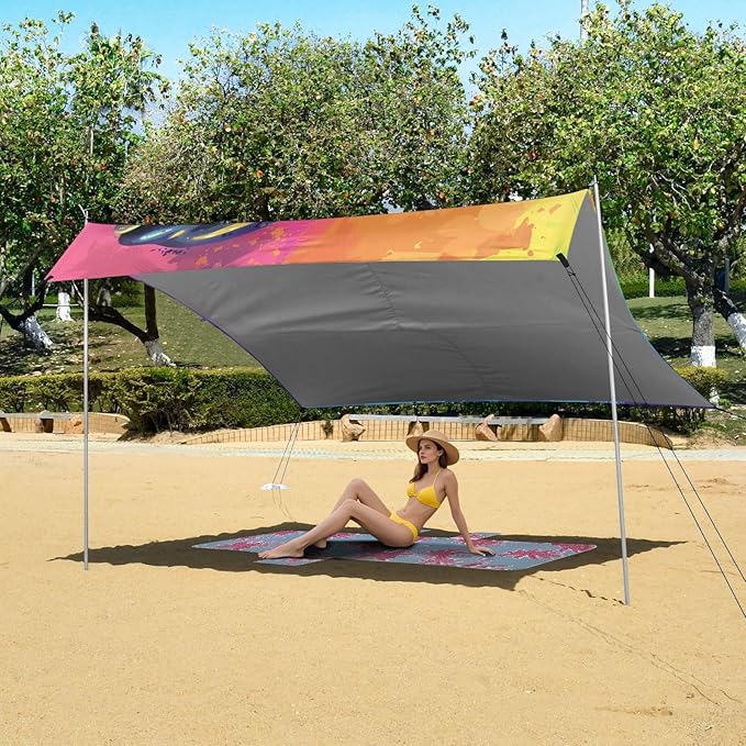 ALAZA Killer Whale Portrait Rainbow Beach Tent Sun Shelter UPF50+ Protection Beach Shade Canopy w/ 4 Sandbags for Outdoor Camping Fishing Backyard Fun Picnic 10x9 ft