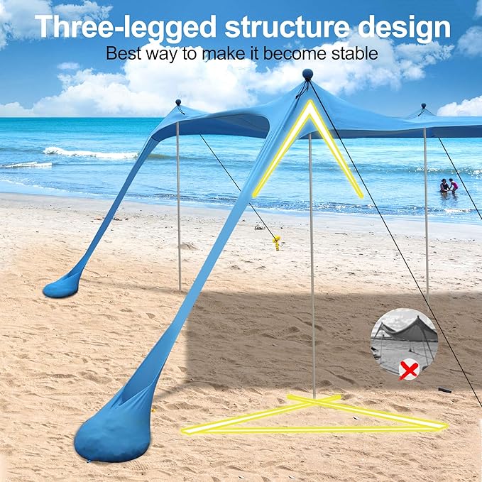 Beach Tent Sun Shelter with UPF 50+ UV Protection Beach Canopy Sun Shade 11x11 FT with Sandbags Poles and Ground Pegs and Anti-Wind Ropes Pop Up Tent for Camping Backyard and Picnics