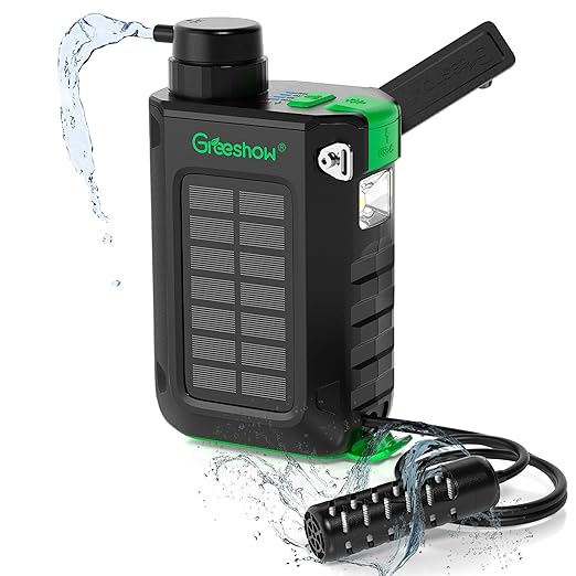 Greeshow Portable Electric Water Filter for Camping &amp Survival - 0.01 Micron Water Purification System with Solar Hand Crank USB-C Charge - Power Bank &amp LED Light for Backpacking Gear Emerg