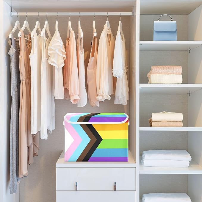 Progress Pride Flag Rainbow Flag Storage Container with Lid Collapsible Closet Organizer Garage Storage Bins for Home
