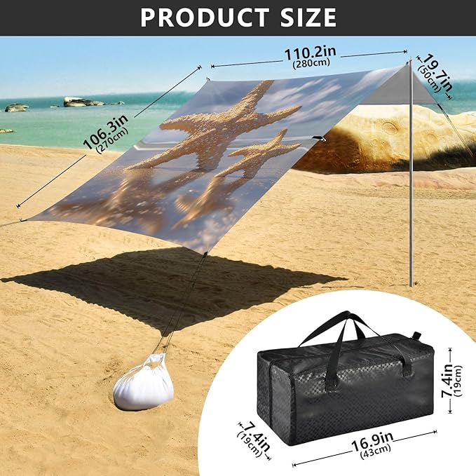 ALAZA Two Stand Starfish Beach Blue Sky Beach Tent Sun Shelter Portable Canopy Sunshade for Outdoor Camping Picnics Backyard Fun 10x9 ft