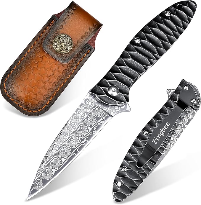 Zingbee Damascus Pocket Knife 2.87 Damascus Blade Folding Knives with Stainless Steel Handle EDC Knife for Camping Hiking Hunting Gift