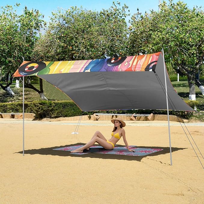Halloween Scary Eyes Ball on Rainbow Beach Cabana UPF50 Water-Resistant Large Portable Sun Shelter with Sandbags and Shovel for Camping Picnics Backyard &amp Fishing