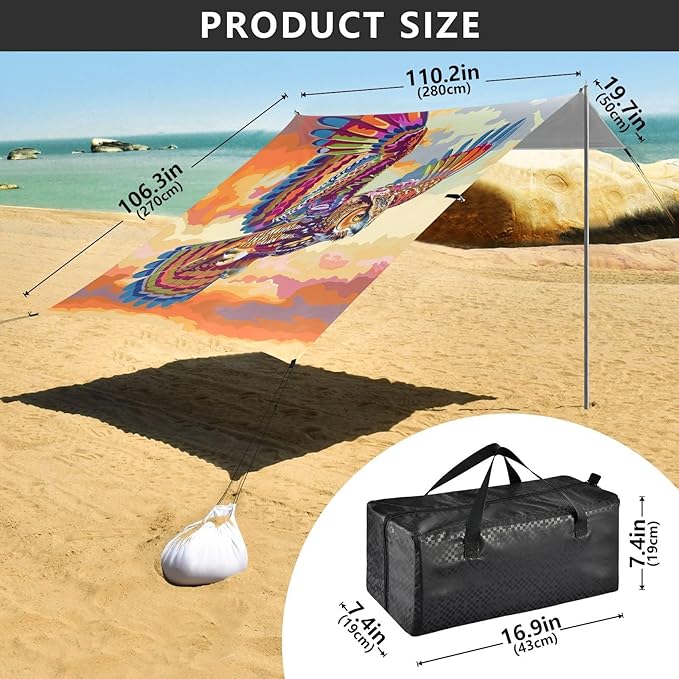 ALAZA Rainbow Color Owl Soraing Sunset Beach Tent Sun Shelter UPF50+ Protection Beach Shade Canopy w/ 4 Sandbags for Outdoor Camping Fishing Backyard Fun Picnic 10x9 ft