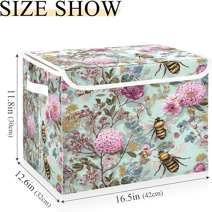Sage Green Bees and Flowers Collapsible Storage Bins with Lids Decorative Fabric Cubes Closet Organizer Basket Boxes Containers for Clothes Box Chest Folding Rectangle