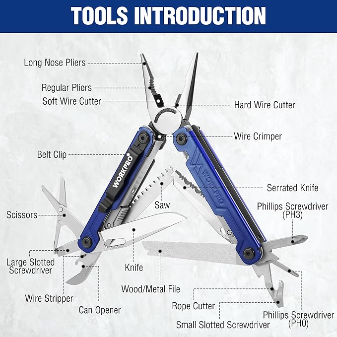 WORKPRO 2-in-1 Folding Knife/Utility Knife - Gifts for Dad &amp 18-in-1 Multi Tool Pliers Blue