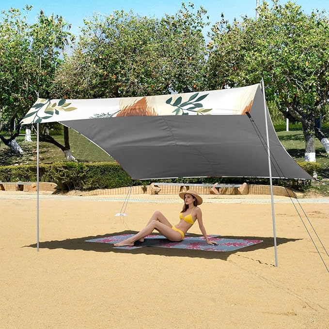 ALAZA Highland Cattle Leaves Pattern Beach Tent Sun Shelter Portable Canopy Sunshade for Outdoor Camping Picnics Backyard Fun 10x9 ft