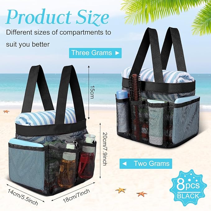8 Packs Mesh Shower Caddy Portable Large Shower Caddy Dorm with 8 Pockets and Handles Quick Dry Shower Bags Hanging Bath Bag Dorm Room College Essentials for Bathroom Gym Camp (Black)