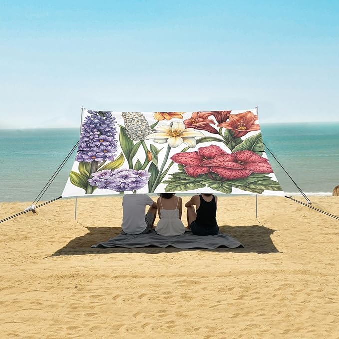 Spring Flowers Hyacinths Calla Lily Amaryllis White Beach Tent UPF50+ Easy Setup Large Sun Shelter with Sturdy Poles Sandbags and Shovel for Camping Picnics Backyard