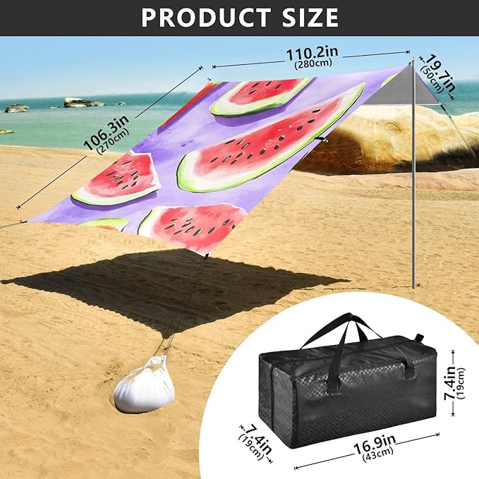 ALAZA Watermelon Purple Background Pattern Beach Tent Sun Shelter Portable Canopy Sunshade for Outdoor Camping Picnics Backyard Fun 10x9 ft