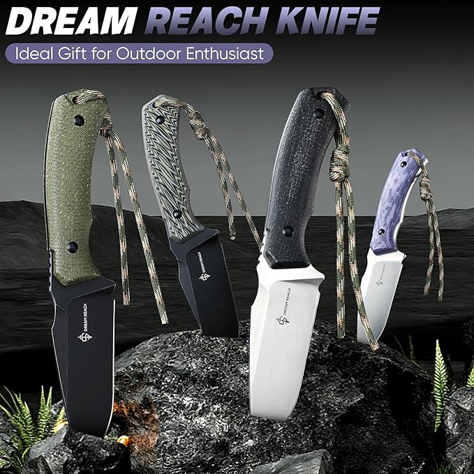 Dream Reach Fixed Blade Knife - D2 Steel Tactical Knife with Ergonomic Full Tang Handle and Kydex Sheath for Outdoor Camping Survival Gift for Men Women Purple
