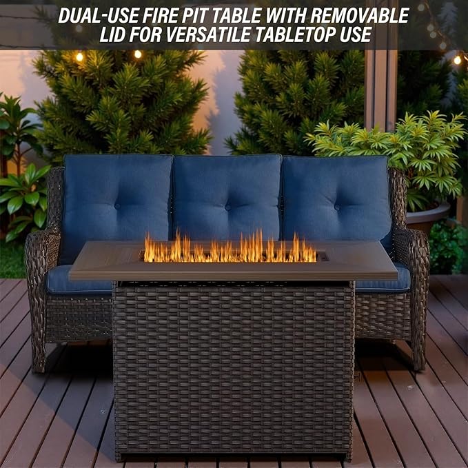 Belord 50000 BTU Propane Fire Pit Table with Lid and Lava Rock 41 inch Rectangular Outdoor Firepit Wicker Furniture Fireplace Table Perfect for Relaxed Outside Patio Backyard Ambiance Brown