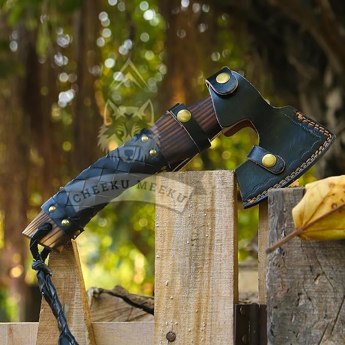 13 Custom Handmade Carbon Steel Real Viking Axe Hatchet Throwing and Camping Axe Birthday Gift for him Leather Wrapped Handle and Leather Sheath (FM 25)