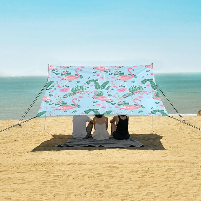 xigua Flamingos Beach Tent Sun Shelter with Carrying Bag - Silver Coated Oxford Fabric Beach Canopy for Beach Camping Fishing - Includes Windproof Ropes Sandbags &amp Stakes