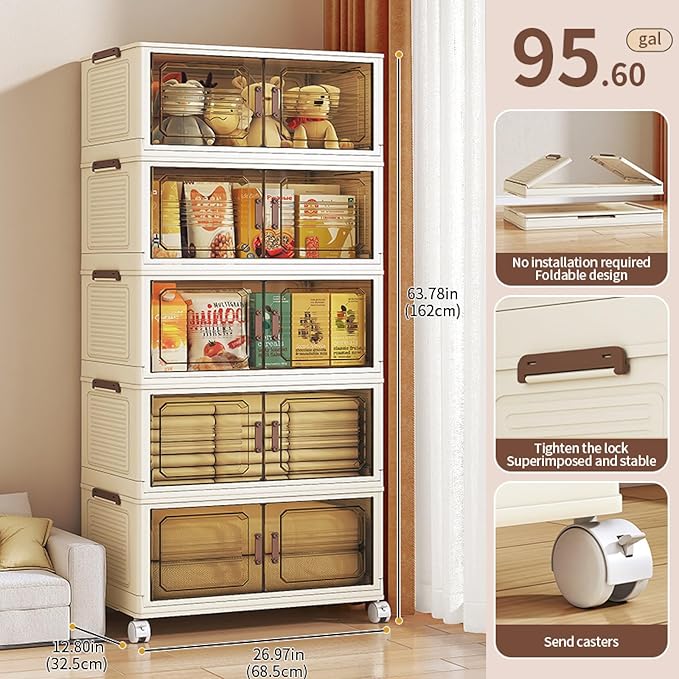 Stackable Storage Bins with Magnetic Doors &amp Top Lid Foldable Rolling Storage Cabinet with Wheels Collapsible Plastic Closet Organizer Tower for Clothes Shoes Blankets Bedroom&ampDorm (5 Tier)