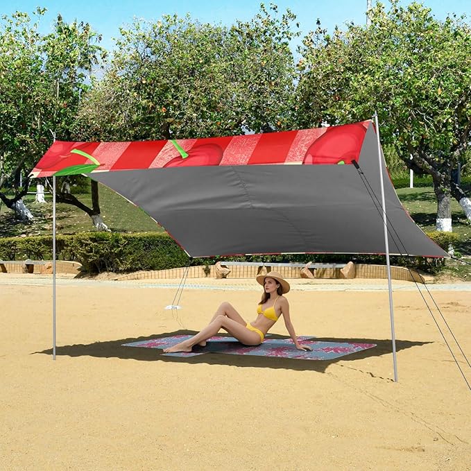 Beach Canopy with Windproof Ropes &amp Sandbags Beach Tent Sun Shade Sun Shelter for Camping Trips Fishing Backyard Fun or Picnics Cherry