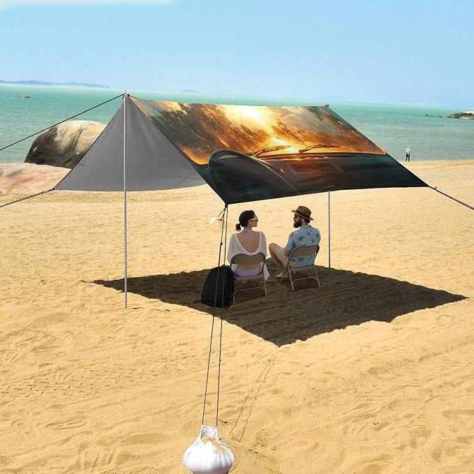 Car Window Outside Sunrise View Beach Tent Sun Shelter Set UPF50+ UV Protection 10.5 x 9.19 FT Camping Shade Canopy with Sandbags Sand Anchors Carrying Bag and Others