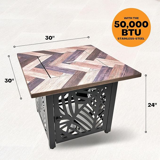 Endless Summer Darby 30 Inch Square Outdoor UV Printed 50000 BTU LP Gas Fire Pit Table with Faux Wood Mantel and Stamped Steel Base
