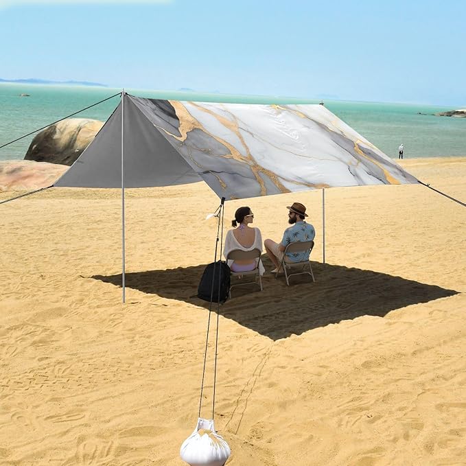 ALAZA White &amp Gold Marble Beach Tent Sun Shelter UPF50+ Protection Beach Shade Canopy w/ 4 Sandbags for Outdoor Camping Fishing Backyard Fun Picnic 10x9 ft