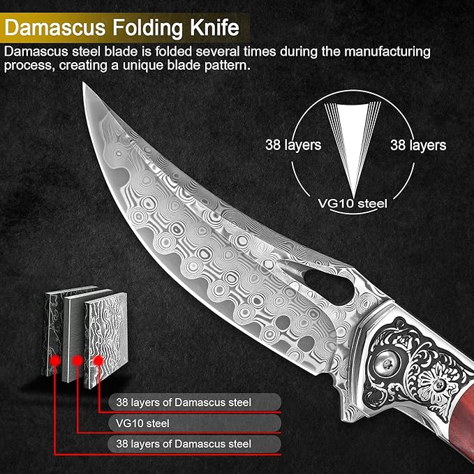 KOMWERO Damascus Pocket Knife for Men Women Sharp VG10 Core Damascus Steel Knife for Outdoor Camping Survival Hunting - Wood Handle Ball Bearing Leather Sheath Liner Lock