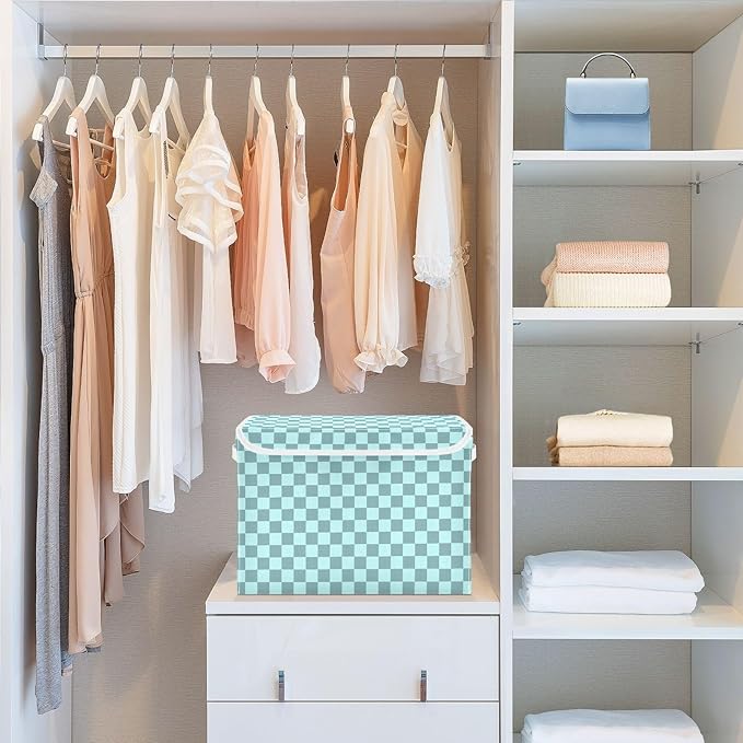 Grey Blue Checkerboard Storage Baskets Lidded Bin Foldable Storage Boxes Cubes Lids with 2 Handles for Organizing Closet Home Office