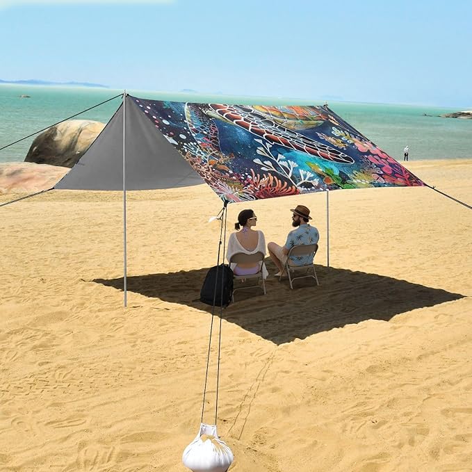 ALAZA Boho Style Sea Turtle Under Water Beach Tent Sun Shelter Portable Canopy Sunshade for Outdoor Camping Picnics Backyard Fun 10x9 ft